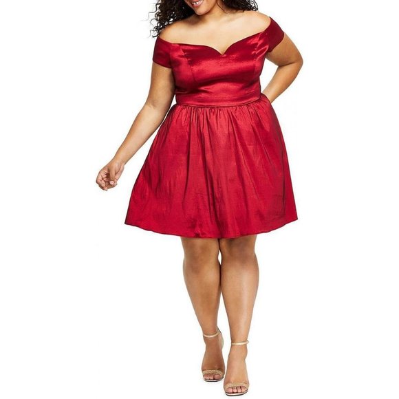 NWT B. Darlin Off-The-Shoulder Mini Fit & Flare Dress 9328844A 16W Ruby Red - Picture 1 of 3